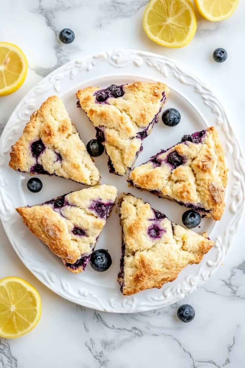 A white plate featuring freshly baked, golden blueberry lemon scones with a crisp outer crust and soft, fluffy interior, surrounded by fresh blueberries and lemon wedges.
