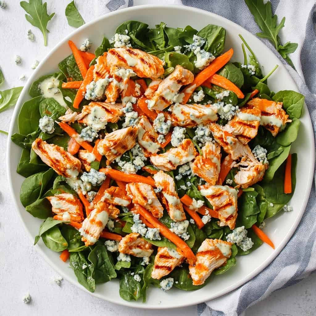 A plate of buffalo chicken salad with spicy grilled buffalo chicken, fresh spinach, shredded carrots, crumbled blue cheese, and a drizzle of creamy ranch dressing. A bold and flavorful summer salad recipe with a spicy kick.