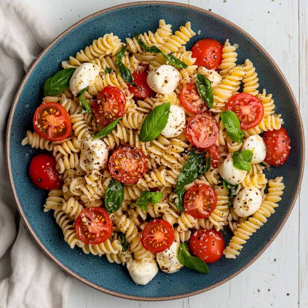 A fresh and vibrant Caprese pasta salad featuring rotini pasta, cherry tomatoes, mozzarella balls, and fresh basil leaves, all lightly seasoned with black pepper and a drizzle of olive oil. This summer salad recipe is perfect for warm-weather gatherings and makes a quick and refreshing side dish for barbecues, picnics, or potlucks.