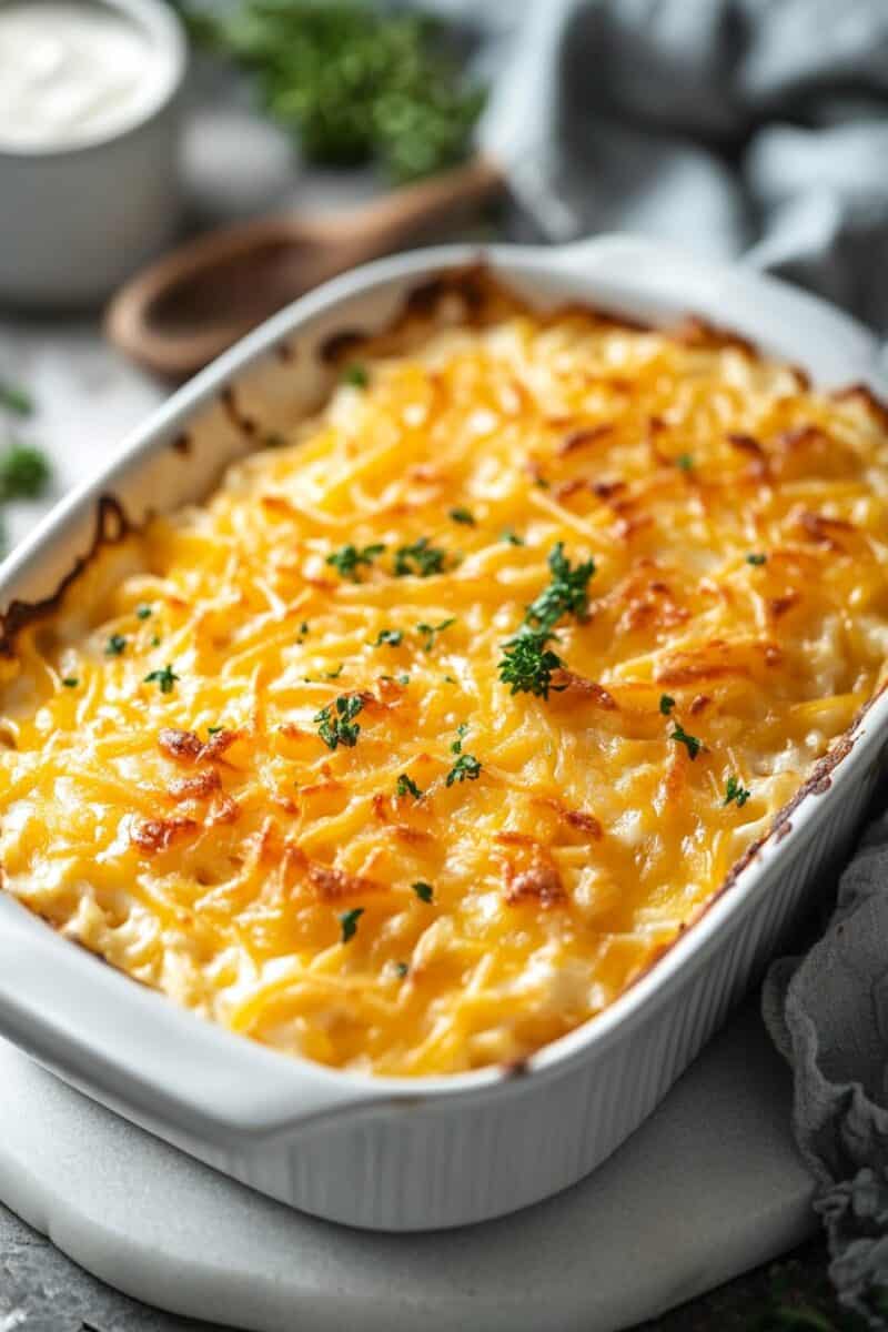 A creamy, cheesy hash brown casserole in a white baking dish, baked to a golden-brown crust and garnished with fresh parsley, with a spoon and small bowl of sour cream nearby.