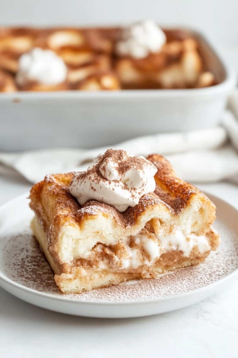 A slice of cinnamon roll French toast casserole topped with whipped cream and dusted with cinnamon, served on a white plate. The background shows the full casserole dish, making it a perfect sweet treat for Easter brunch.