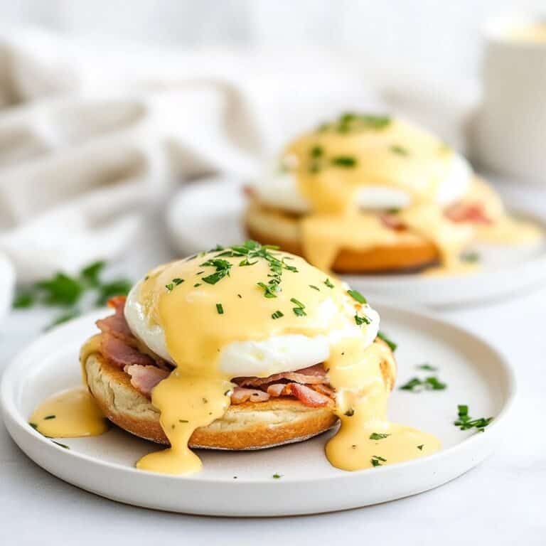 A plate of classic eggs Benedict, featuring a toasted English muffin topped with crispy bacon, a perfectly poached egg, and rich hollandaise sauce drizzled over the top, garnished with fresh parsley. A second plate of eggs Benedict is blurred in the background. A delicious and elegant dish perfect for an Easter brunch celebration.