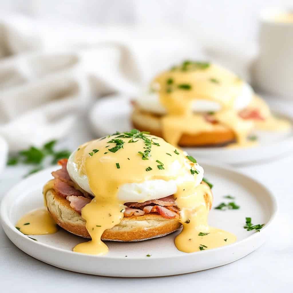 A plate of classic eggs Benedict, featuring a toasted English muffin topped with crispy bacon, a perfectly poached egg, and rich hollandaise sauce drizzled over the top, garnished with fresh parsley. A second plate of eggs Benedict is blurred in the background. A delicious and elegant dish perfect for an Easter brunch celebration.