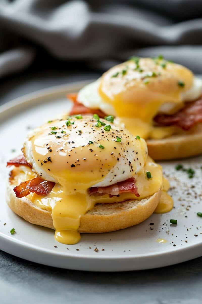A close-up of classic eggs Benedict served on toasted English muffins with crispy bacon, perfectly poached eggs, and creamy hollandaise sauce, garnished with fresh chives and black pepper. A delicious and elegant Easter brunch recipe.