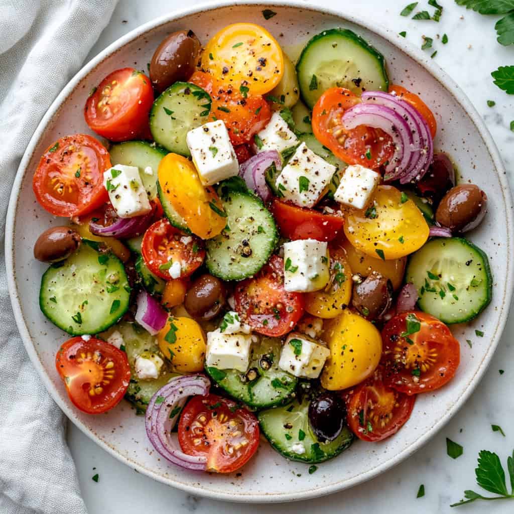 A colorful plate of classic Greek salad with vibrant cherry tomatoes, sliced cucumbers, red onions, kalamata olives, and cubes of feta cheese, garnished with fresh herbs and cracked black pepper. This refreshing summer salad is drizzled with olive oil, perfect for warm-weather meals and Mediterranean-inspired dishes.