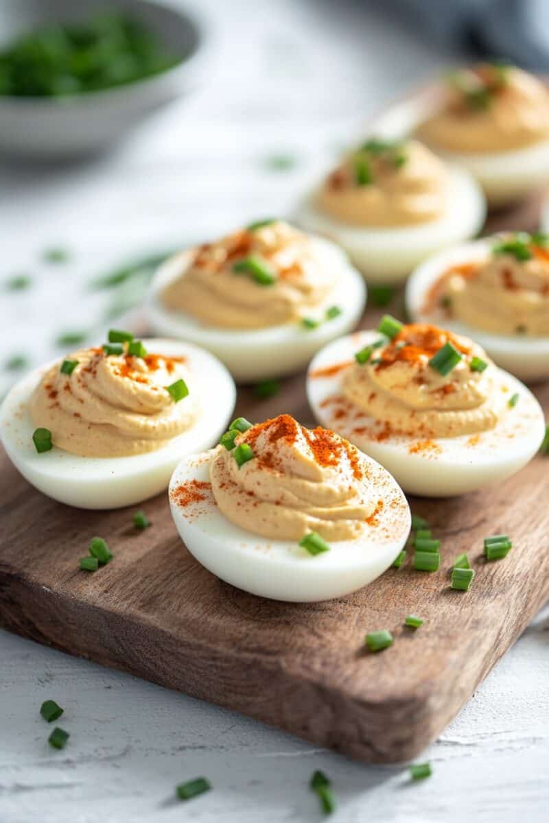 A wooden board with deviled eggs arranged neatly, filled with creamy, seasoned yolk mixture, garnished with fresh chopped chives and a sprinkle of paprika.