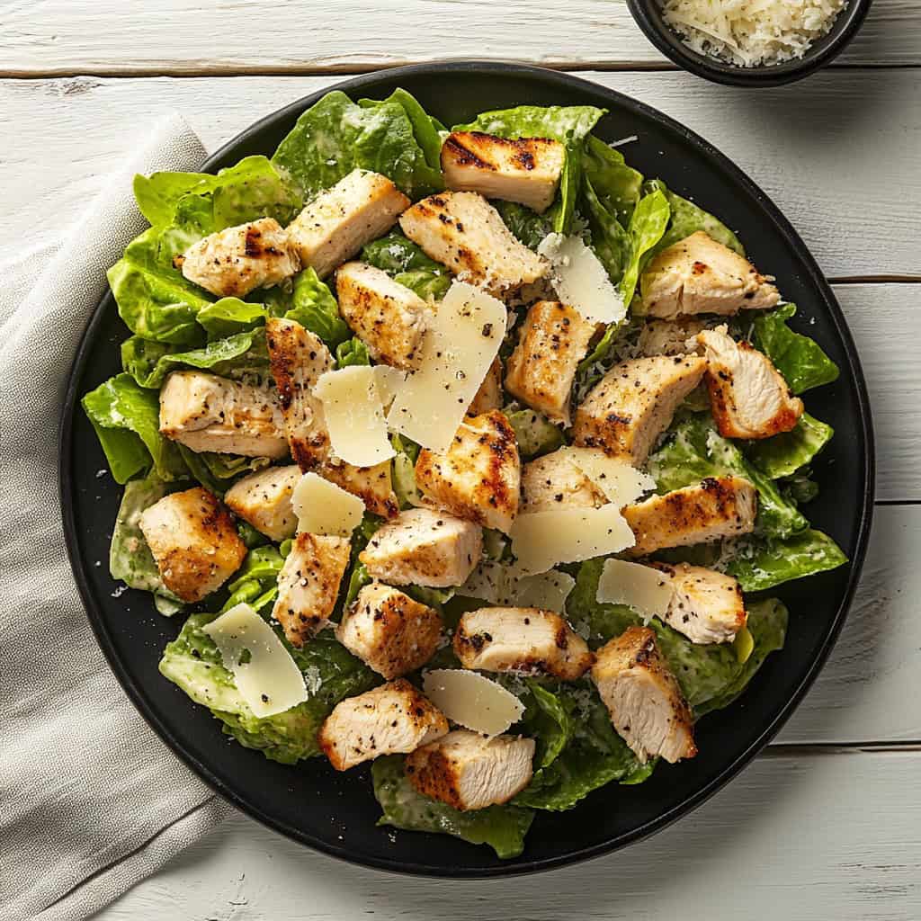A fresh summer salad featuring grilled chicken breast, crisp romaine lettuce, parmesan cheese shavings, and creamy Caesar dressing, served on a black plate. A perfect protein-packed option for warm-weather meals.