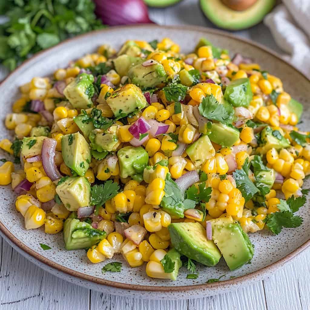 A fresh and colorful grilled corn and avocado salad in a rustic bowl, filled with charred corn kernels, diced avocado, red onion, and chopped cilantro, tossed with a zesty dressing. This easy summer salad recipe brings a smoky-sweet flavor, making it a delicious side dish for barbecues and cookouts.