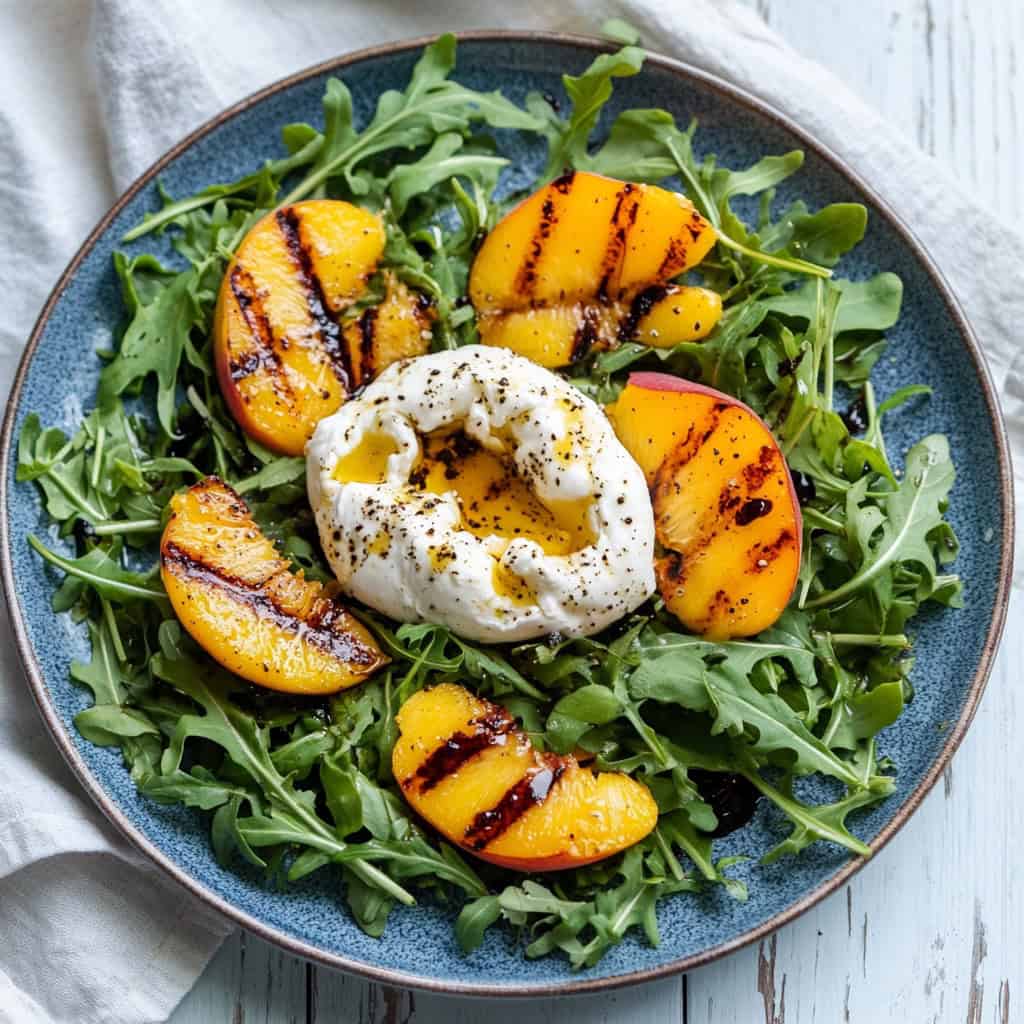 A vibrant summer salad recipe featuring grilled peaches, creamy burrata, and fresh arugula drizzled with balsamic glaze. This refreshing dish combines smoky, sweet, and creamy flavors, making it a perfect addition to warm-weather meals.