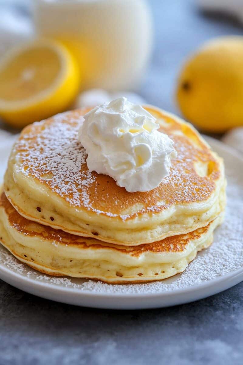 A fluffy stack of golden-brown lemon ricotta pancakes dusted with powdered sugar and topped with a swirl of whipped cream, with fresh lemons and a pitcher of syrup in the softly blurred background.