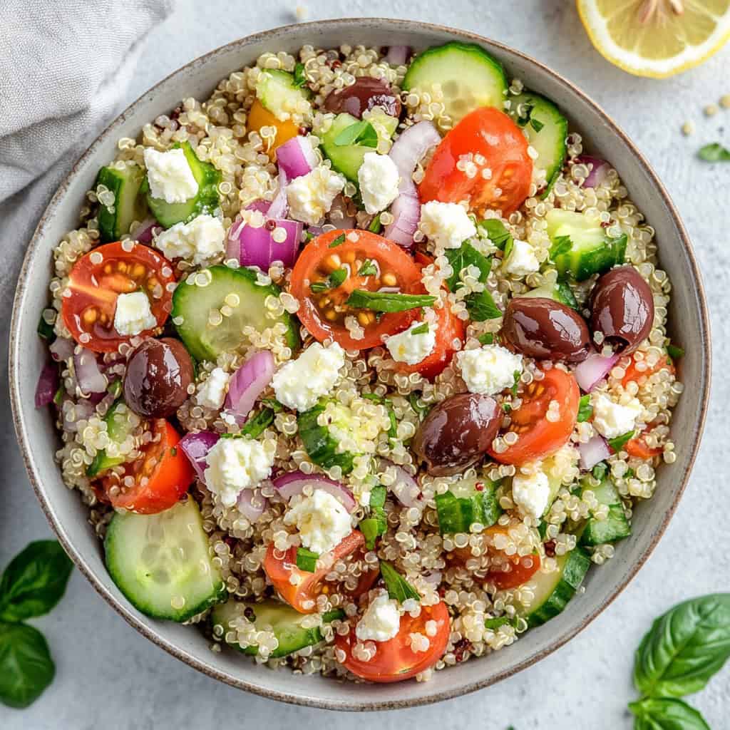 A vibrant Mediterranean quinoa salad in a bowl, featuring fluffy quinoa, cherry tomatoes, cucumber, red onion, Kalamata olives, and crumbled feta cheese, garnished with fresh herbs. This refreshing dish is a perfect healthy summer salad recipe, full of bold Mediterranean flavors and light ingredients.