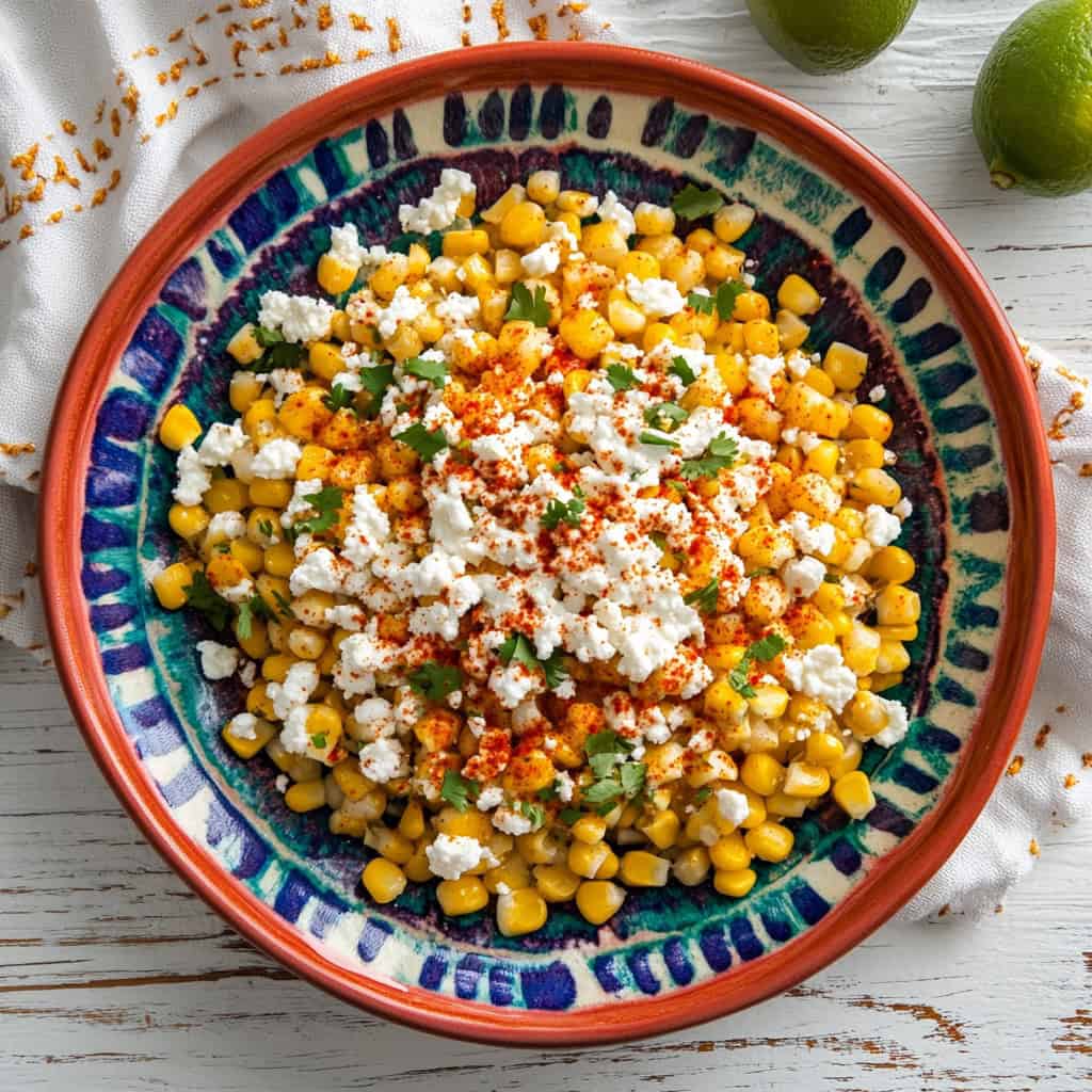 A vibrant Mexican street corn salad served in a colorful ceramic bowl, topped with crumbled cheese, fresh cilantro, and a sprinkle of chili powder. This refreshing summer salad recipe is perfect for BBQs, picnics, and outdoor gatherings.