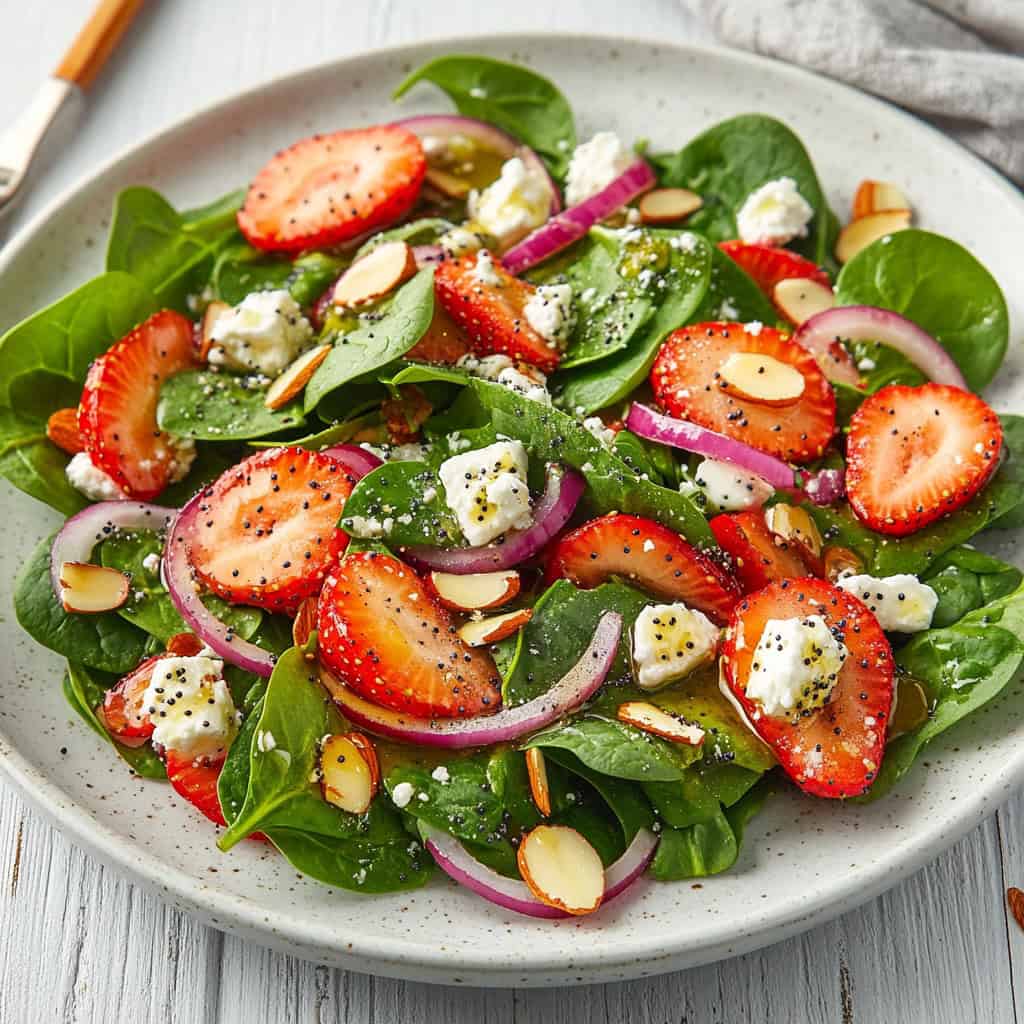  fresh spinach and strawberry salad with sliced almonds, feta cheese, and red onions, drizzled with a light poppy seed dressing. This bright and healthy summer salad is ideal for warm-weather meals and easy meal prep.