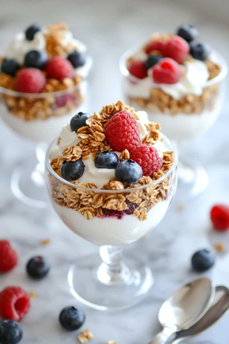 Glass cups filled with creamy yogurt, crunchy granola, and layers of fresh raspberries, blueberries, and blackberries, arranged on a marble surface with scattered berries and spoons nearby.