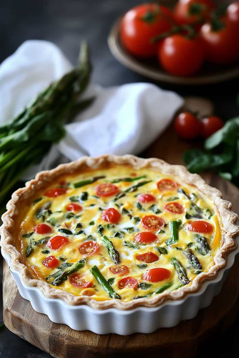 A freshly baked quiche with a golden, flaky crust, filled with vibrant asparagus, cherry tomatoes, and spinach, set on a rustic wooden board with fresh ingredients like tomatoes and greens in the background.