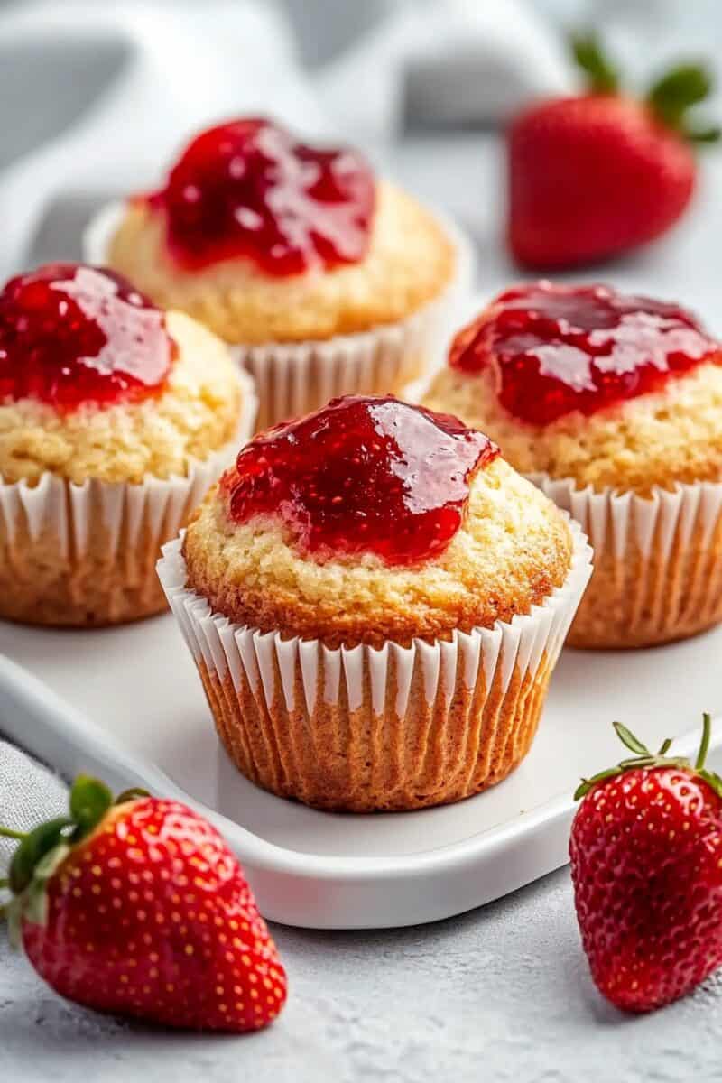 Golden-brown muffins topped with glossy strawberry jam, arranged on a serving platter with fresh strawberries scattered around.