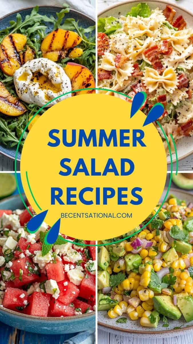 A vibrant collage of fresh summer salad recipes, featuring grilled peach and burrata salad, BLT pasta salad, watermelon feta mint salad, and grilled corn avocado salad. The bold yellow text overlay reads "Summer Salad Recipes"