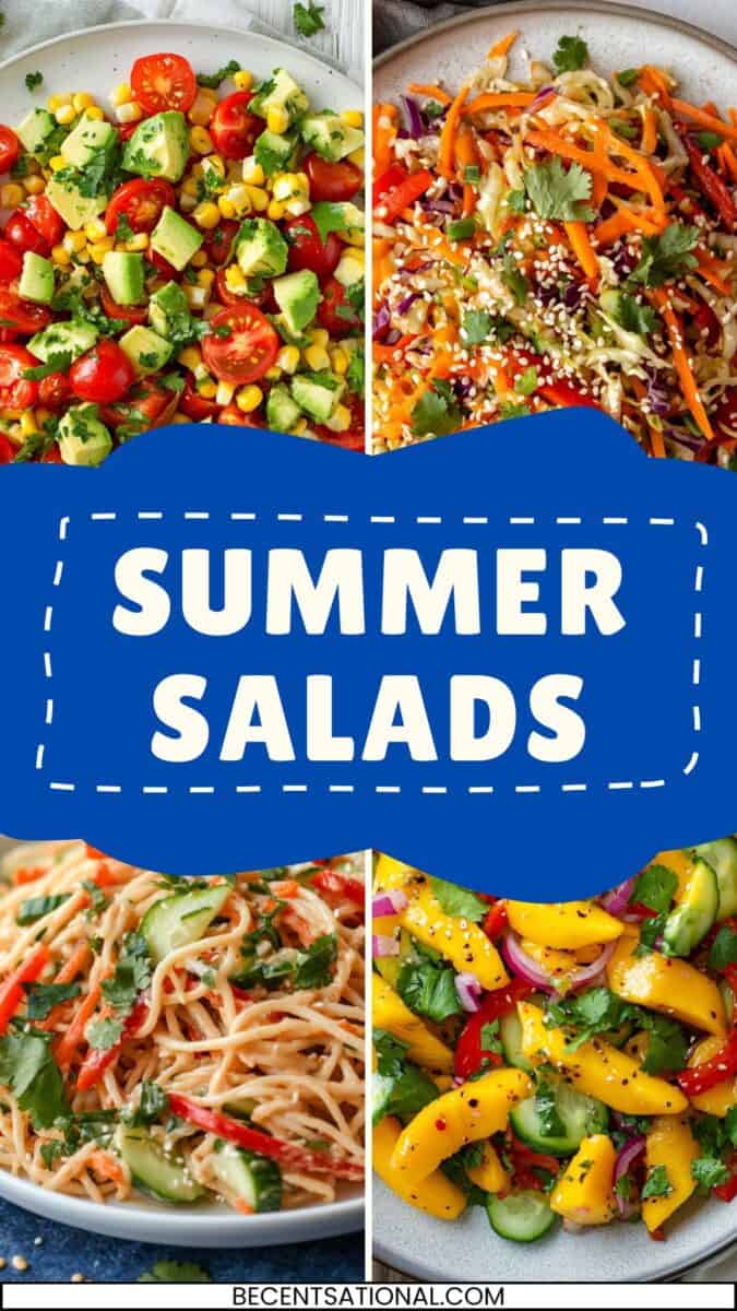A colorful assortment of summer salad recipes, including avocado tomato corn salad, Asian sesame cabbage salad, Thai peanut noodle salad, and Thai mango salad. A deep blue text overlay highlights "Summer Salads"