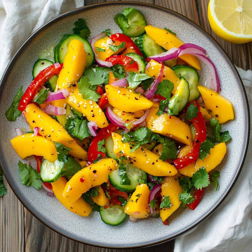 A colorful and refreshing Thai mango salad bursting with sliced mango, red bell peppers, cucumbers, red onions, and fresh cilantro, tossed in a light sesame dressing with a sprinkle of black and white sesame seeds. This sweet and tangy summer salad recipe is ideal for pairing with grilled meats or seafood for a bright and flavorful meal.