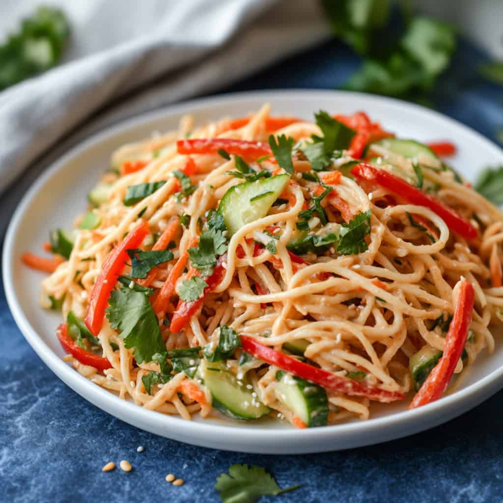 A plate of Thai peanut noodle salad with tender noodles, crisp red bell peppers, sliced cucumbers, shredded carrots, and fresh cilantro, all tossed in a creamy peanut dressing. This refreshing summer salad recipe is packed with vibrant flavors and perfect for a quick lunch or side dish.