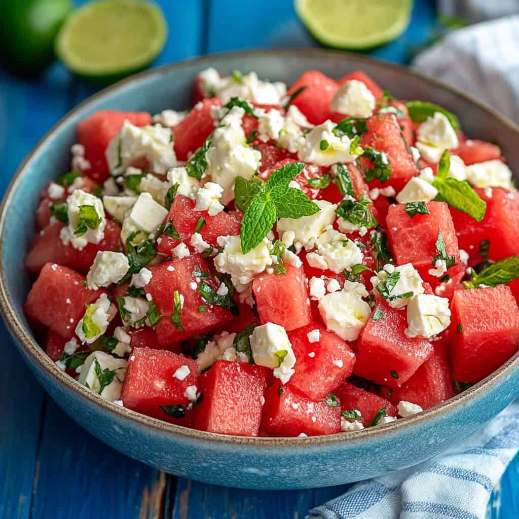 A colorful and refreshing summer salad recipe made with juicy watermelon, crumbled feta cheese, and fresh mint. This light and hydrating dish is perfect for summer picnics, BBQs, and easy side dishes.