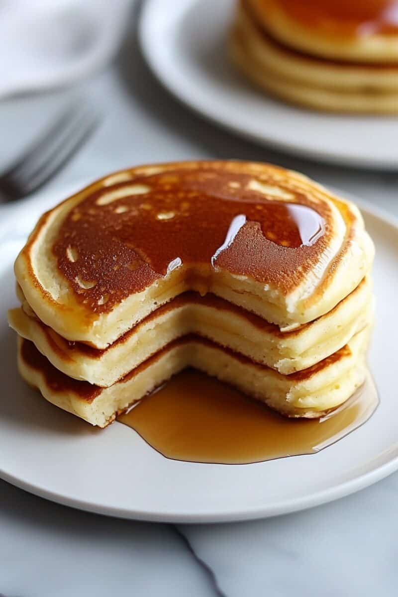 Side view of cottage cheese protein pancakes with a bite taken out, topped with maple syrup on a white plate.