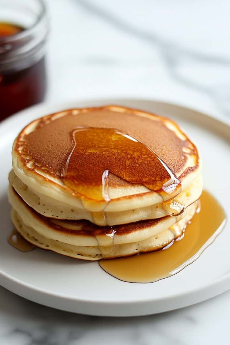 Three fluffy cottage cheese pancakes stacked and drenched in golden maple syrup, with a syrup jar in the background.