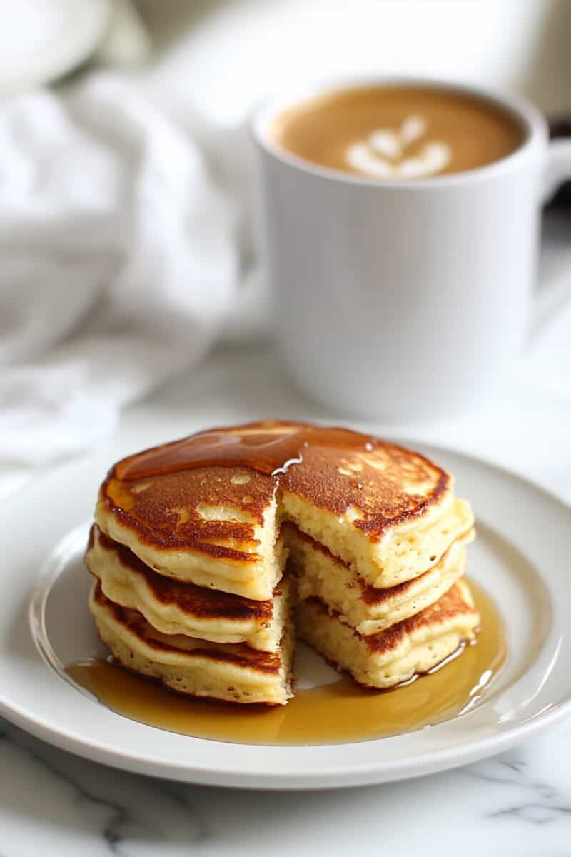 Cottage cheese protein pancakes served with maple syrup and a cup of cappuccino in the background.
