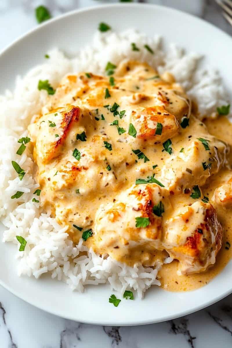 Creamy chicken in a rich gravy served over white rice, garnished with chopped cilantro on a white plate and marble background, the perfect one-skillet meal.