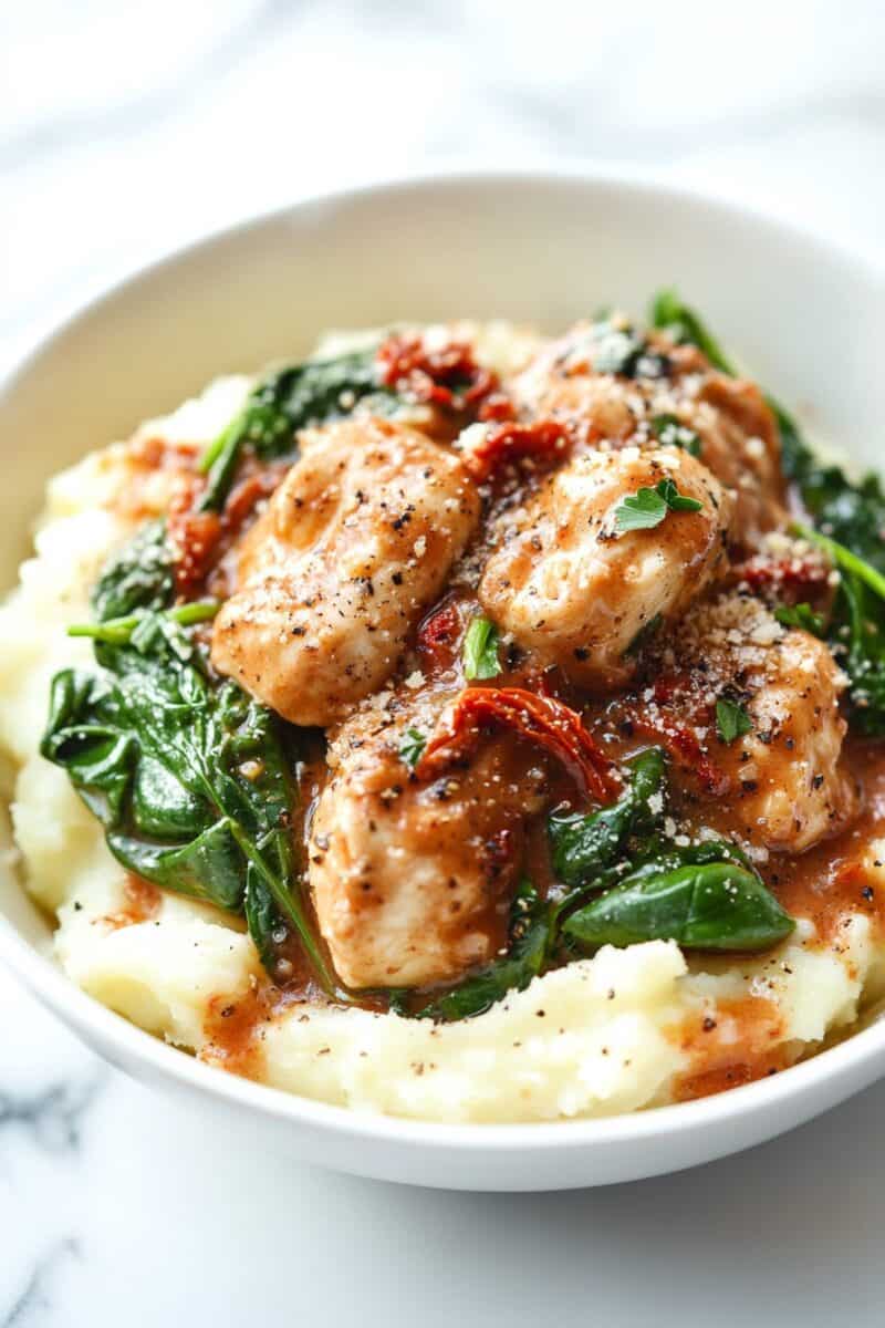 Close-up of creamy skillet chicken with spinach and sun-dried tomatoes served over mashed potatoes in a white bowl, garnished with cracked black pepper and herbs.