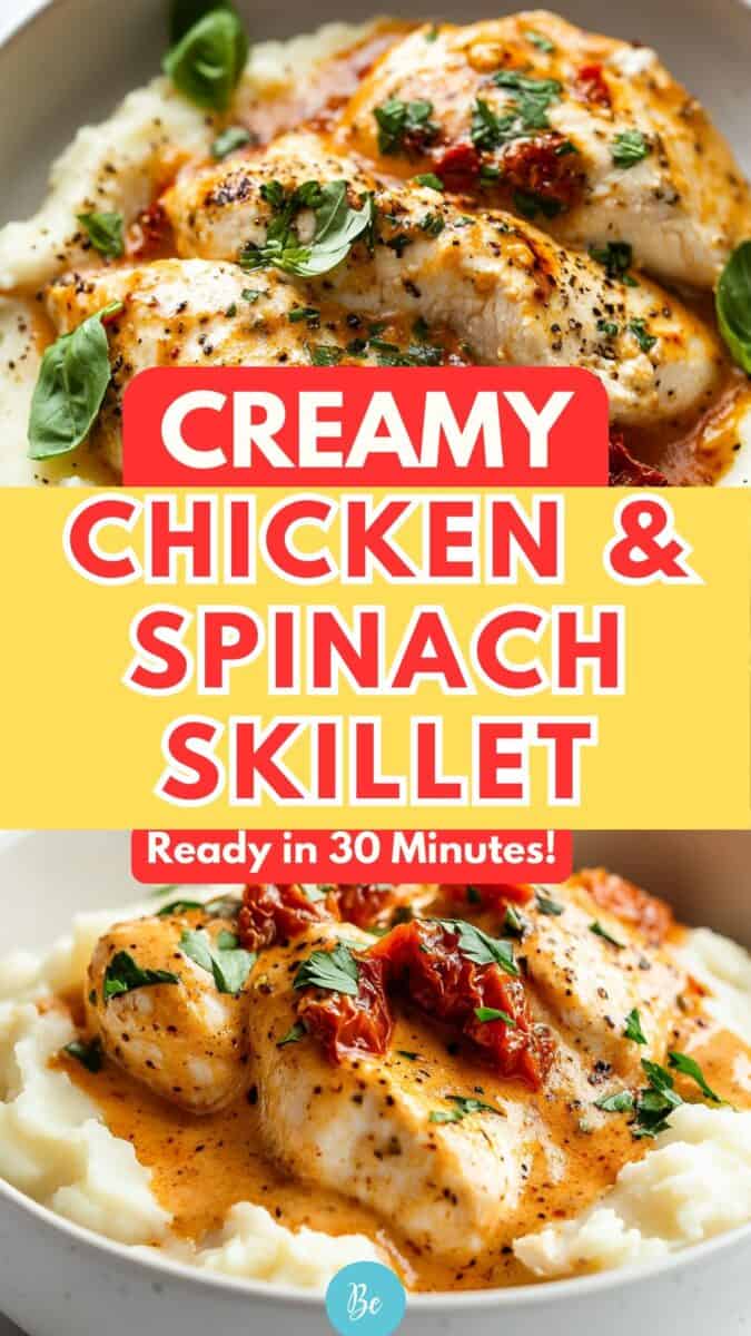 Close-up of creamy chicken and spinach skillet served over mashed potatoes, garnished with sun-dried tomatoes and herbs, shown with bold text overlay reading 'Creamy Chicken & Spinach Skillet – Ready in 30 Minutes!'