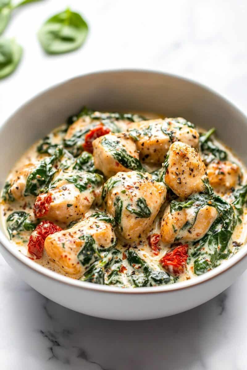 Bowl of creamy chicken with spinach and sun-dried tomatoes in a rich parmesan sauce, with vibrant greens and red accents, set on a white marble background.
