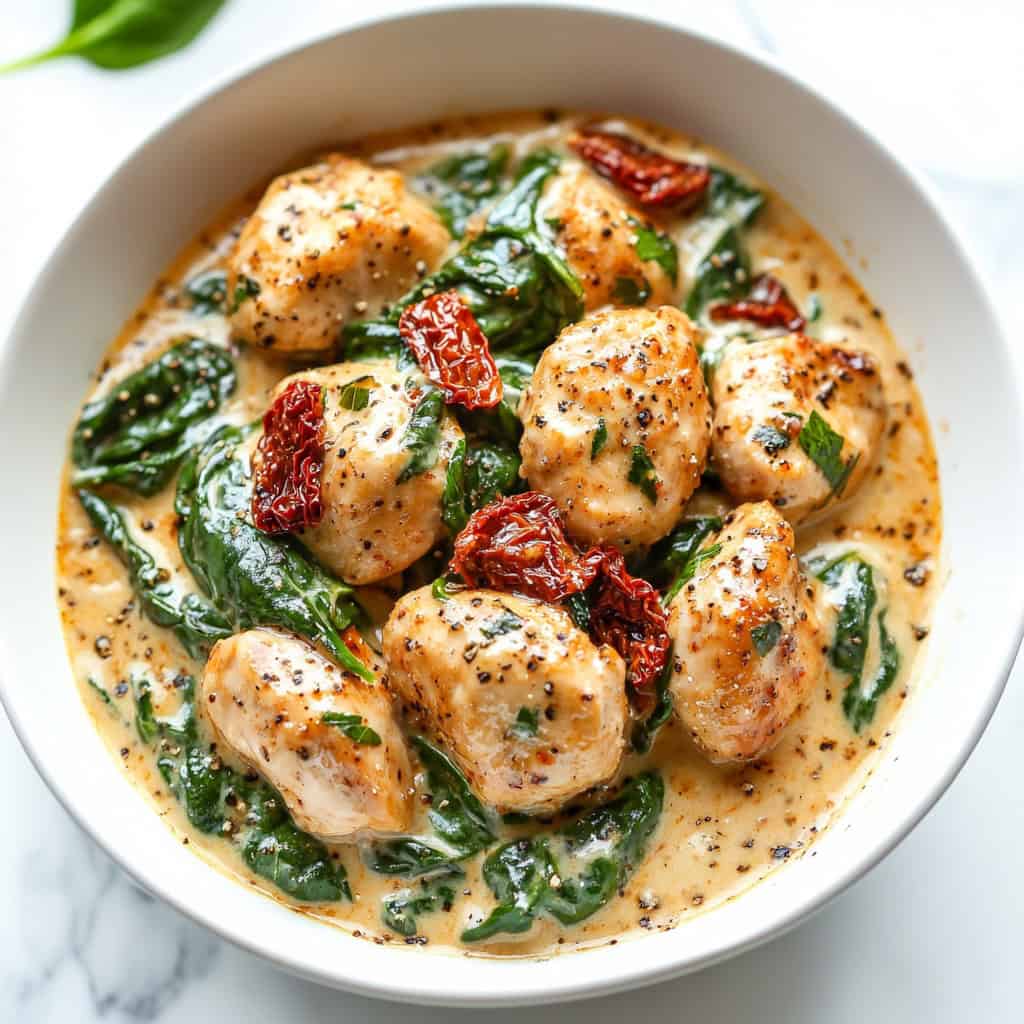 Overhead view of creamy skillet chicken with sun-dried tomatoes and wilted spinach in a parmesan cream sauce, served in a round white bowl on marble.