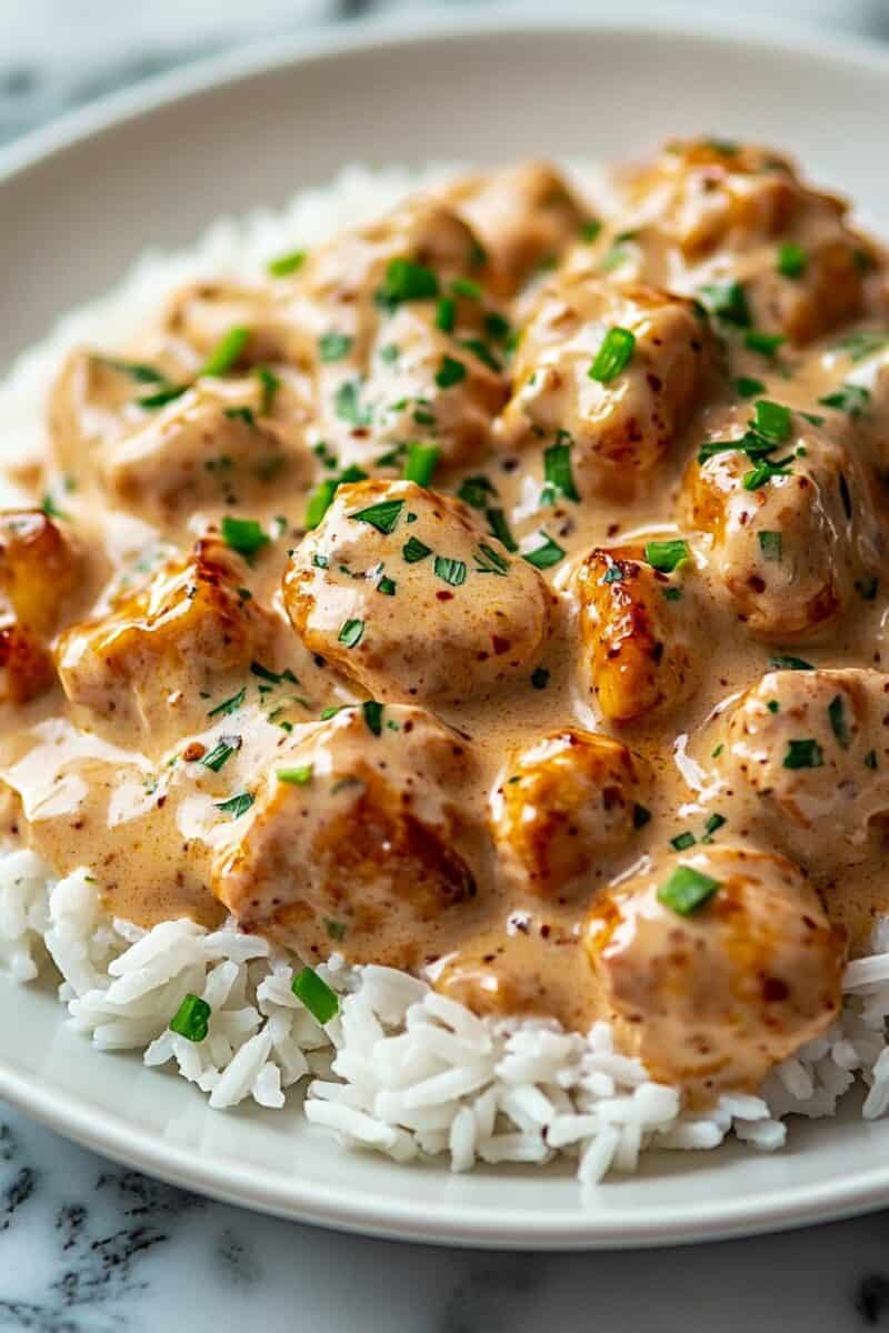 Close-up of creamy smothered chicken with rich gravy served over fluffy white rice, garnished with fresh chopped cilantro.
