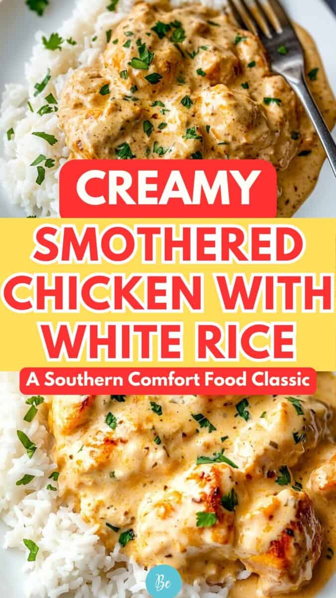 Creamy smothered chicken served over fluffy white rice, topped with cilantro, with bold text overlay that reads “Creamy Smothered Chicken with White Rice – A Southern Comfort Food Classic.”