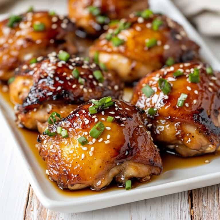 Close-up of crispy honey garlic chicken thighs with caramelized edges and sesame garnish, served with white rice and fresh parsley in the background.