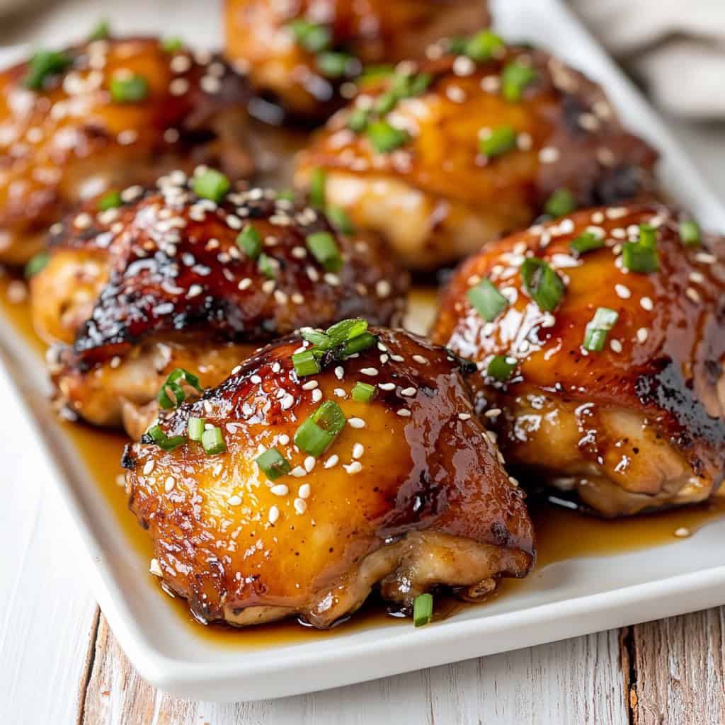 Close-up of crispy honey garlic chicken thighs with caramelized edges and sesame garnish, served with white rice and fresh parsley in the background.