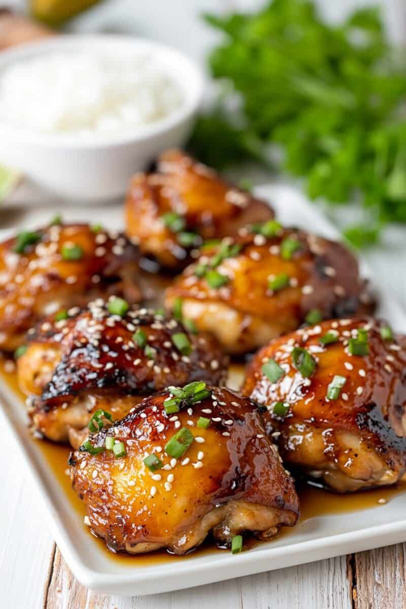Sticky honey garlic chicken thighs glazed in a sweet soy sauce, garnished with sesame seeds and chopped green onions on a white plate.