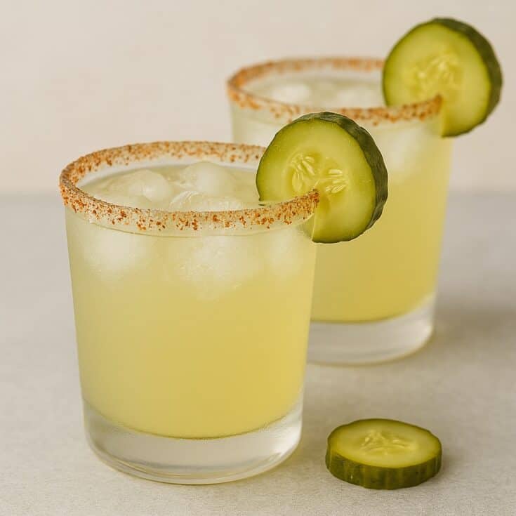 Easy dill pickle margarita recipe made with tequila, lime juice, and pickle brine, served chilled with cucumber garnish