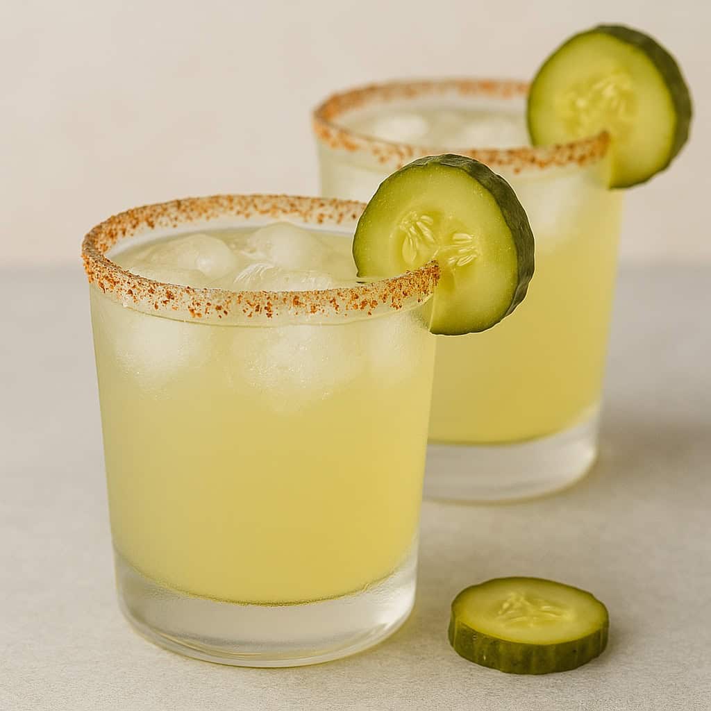 Easy dill pickle margarita recipe made with tequila, lime juice, and pickle brine, served chilled with cucumber garnish