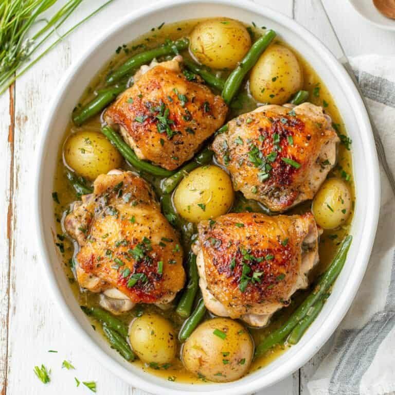 Overhead view of garlic herb chicken thighs with baby potatoes and green beans in a light broth, served in a white oval slow cooker.