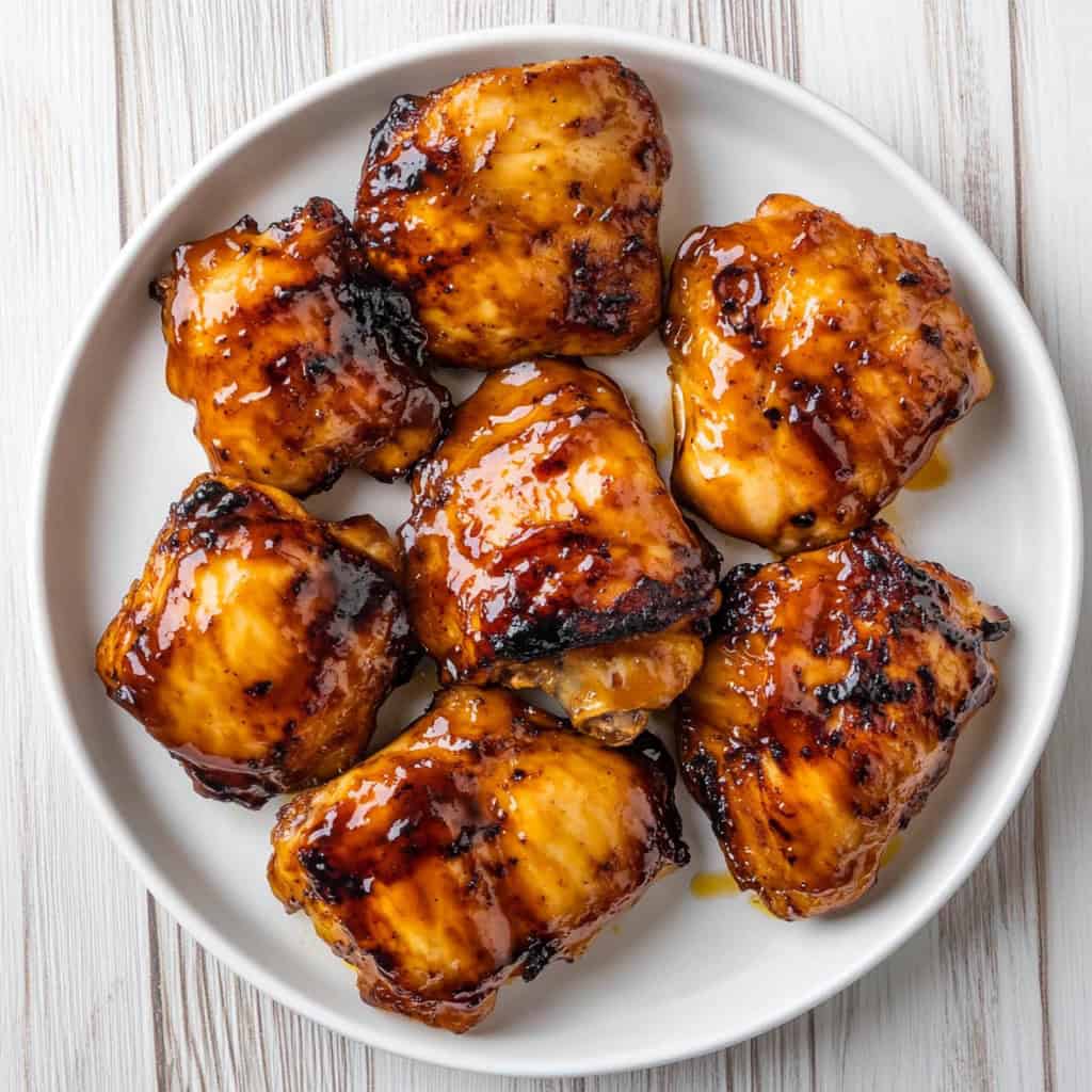 Overhead shot of grilled Huli Huli chicken thighs glazed with pineapple sauce, served on a white plate.