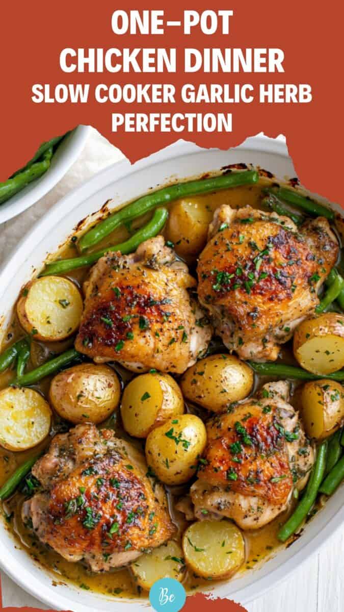 Overhead view of slow cooker garlic herb chicken thighs with baby potatoes and green beans in a white crockpot dish, garnished with fresh herbs — a one-pot family dinner