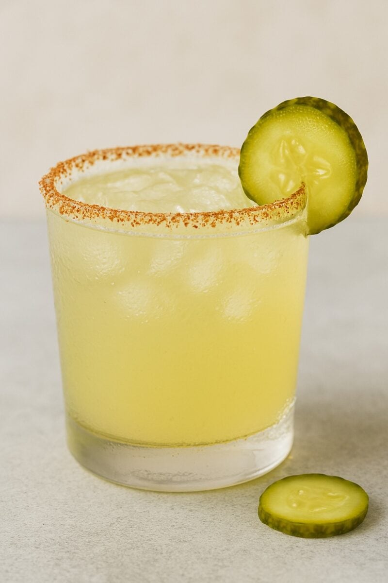 Close-up of a dill pickle margarita with Tajín rim, ice, and pickle slice garnish in a short glass — a bold, tangy tequila cocktail