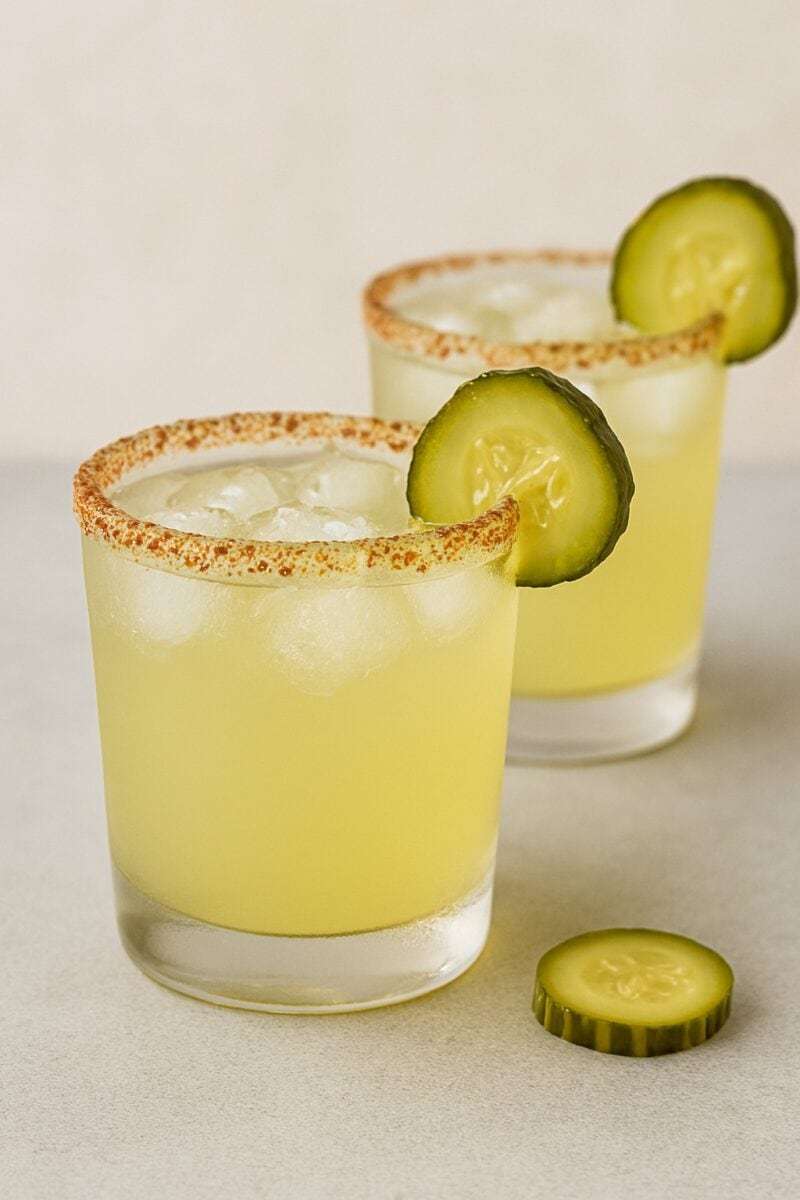 Two pickle margaritas in clear glasses with spicy Tajín rims and dill pickle garnishes — the perfect salty cocktail for taco night