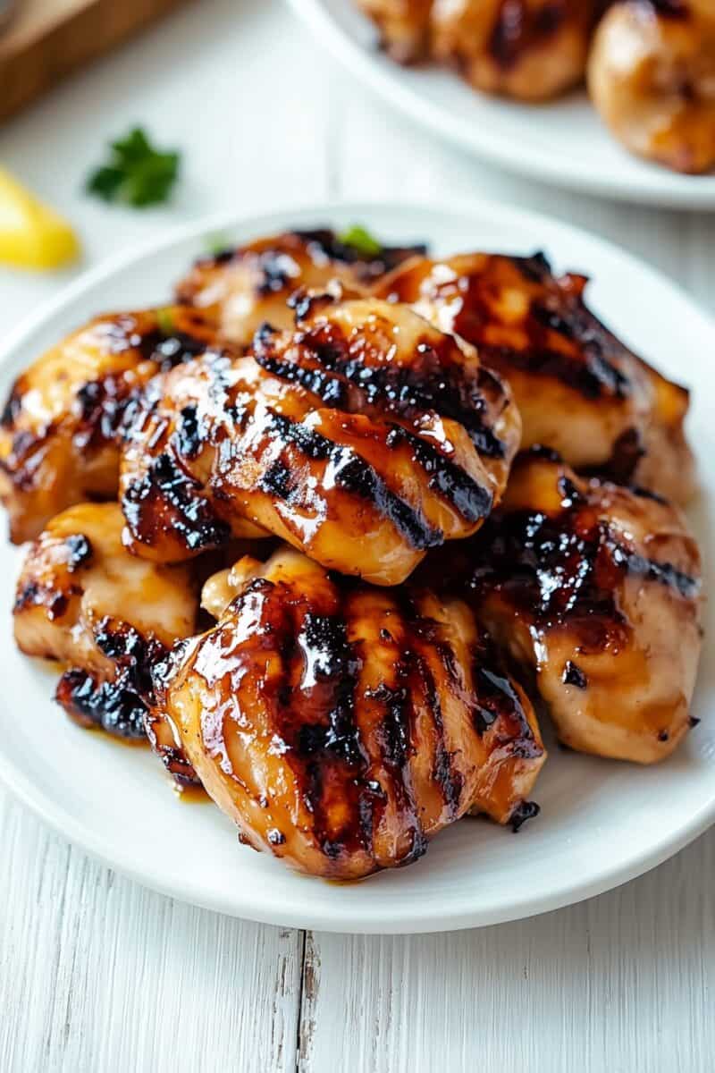 Side view of juicy Huli Huli grilled chicken thighs stacked on a plate with visible grill marks and glaze.