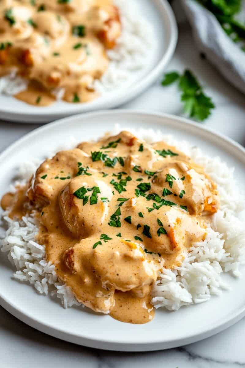 Easy chicken with gravy served over white rice on two white plates, garnished with chopped cilantro and photographed on a marble surface.