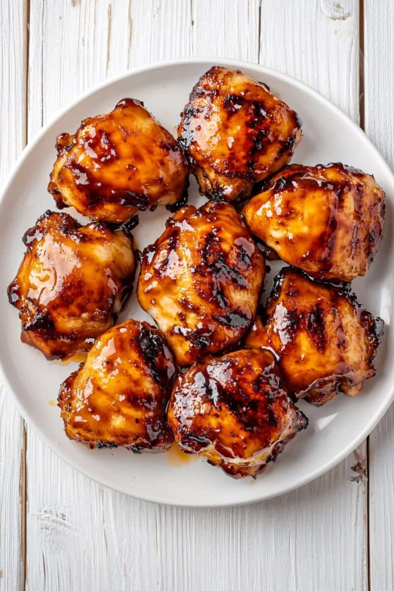 Overhead view of glossy grilled Huli Huli chicken thighs stacked on a plate.