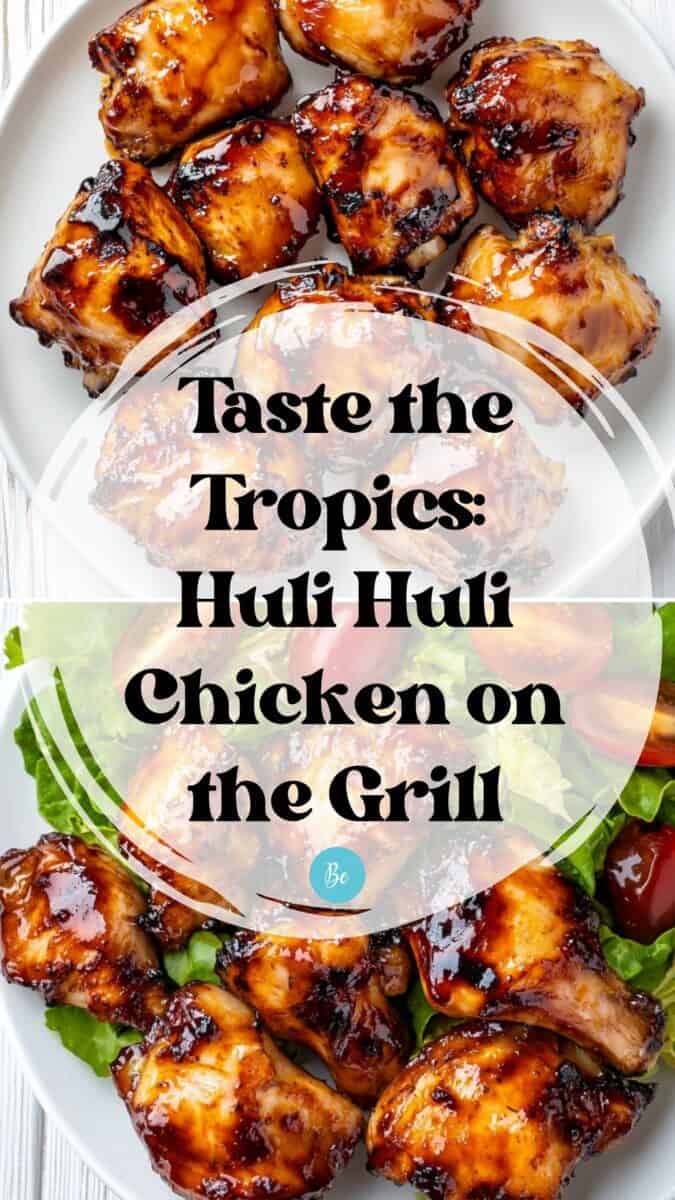 Grilled Hawaiian-style Huli Huli chicken thighs glazed with sticky pineapple BBQ sauce, served on a white plate with salad greens. Text overlay reads “Taste the Tropics: Huli Huli Chicken on the Grill.”