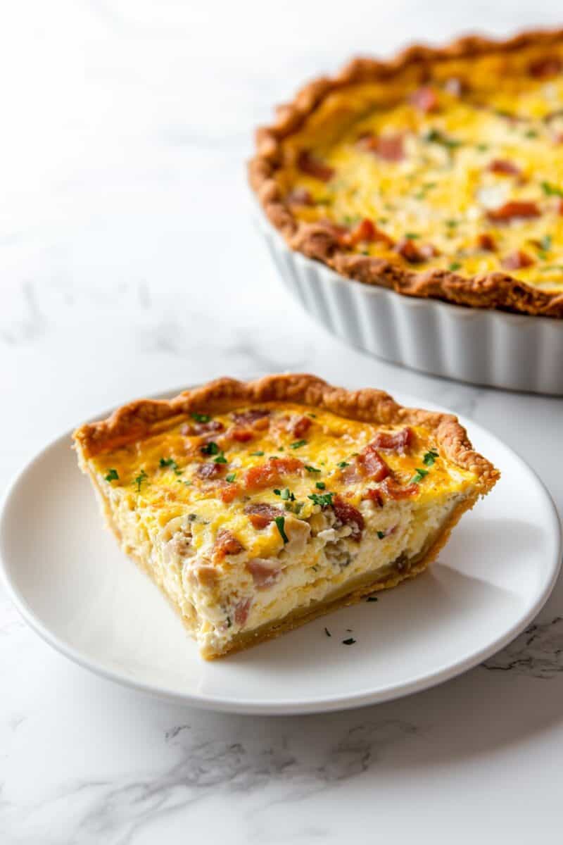 A close-up of a slice of Mississippi Sin Quiche on a white plate, showing a flaky golden crust filled with creamy eggs, melted cheese, diced ham, and crispy bacon bits.